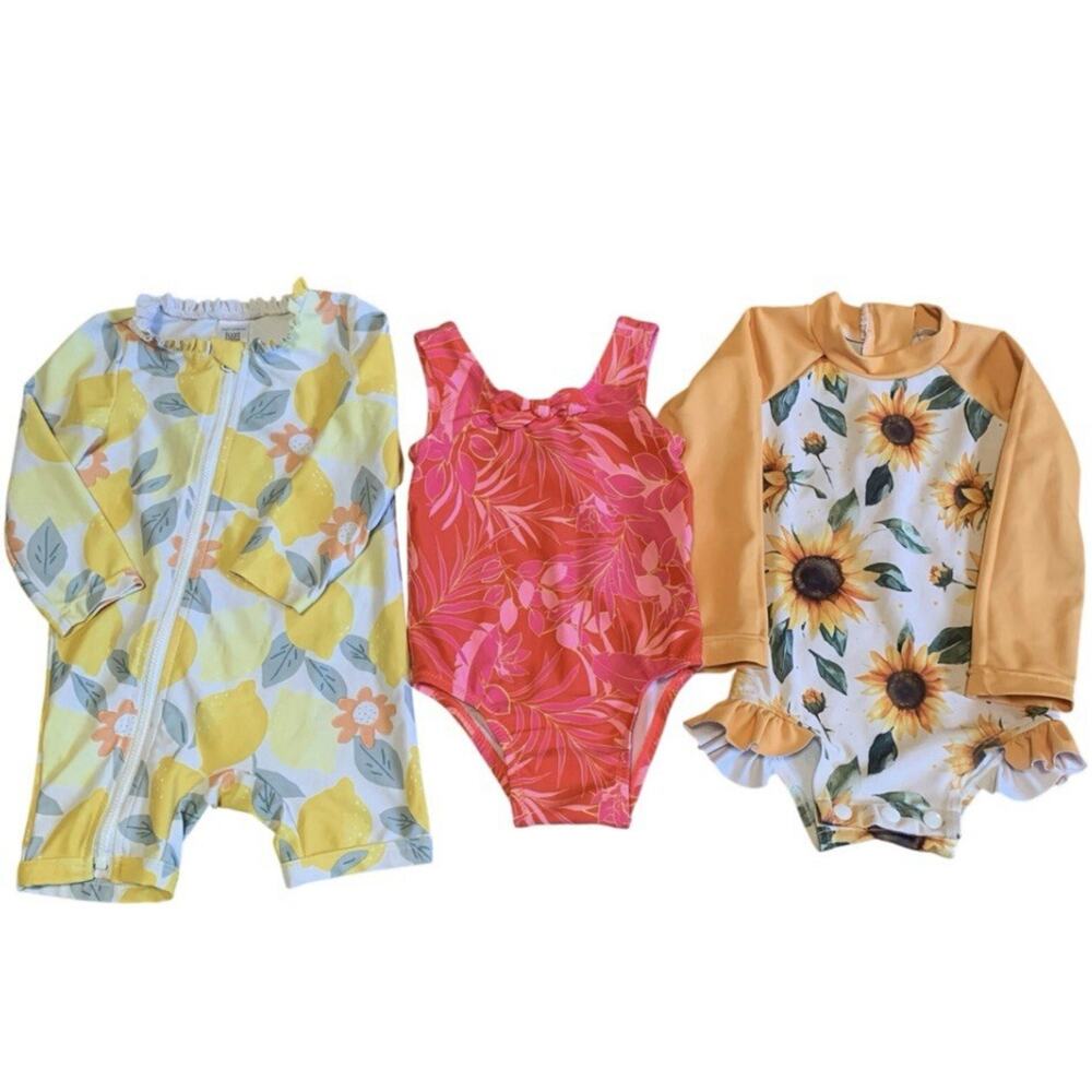 Baby Girl 6-12 Months Swimsuit Lot One Piece Rash Guard Sunflower Lemon Old Navy